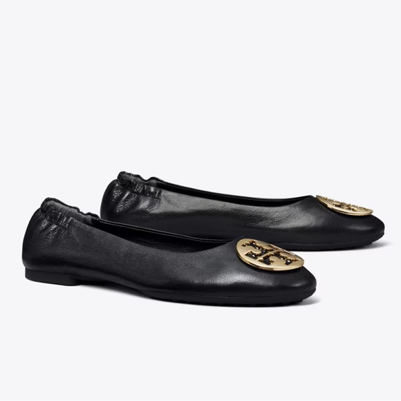 Tory Burch MINNIE TRAVEL BALLET FLAT, LEATHER 9 black pre-owned gold logo - Picture 2 of 8